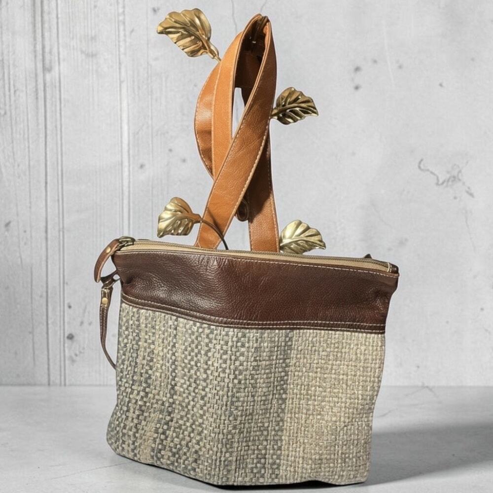 Myra Bag Crossbody Woven Blue and Cream & Brown Leather Wrist Strap Back Denim